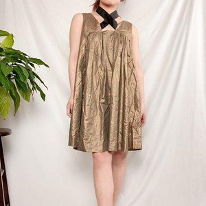 Y2K bronze shift dress with black ribbon.